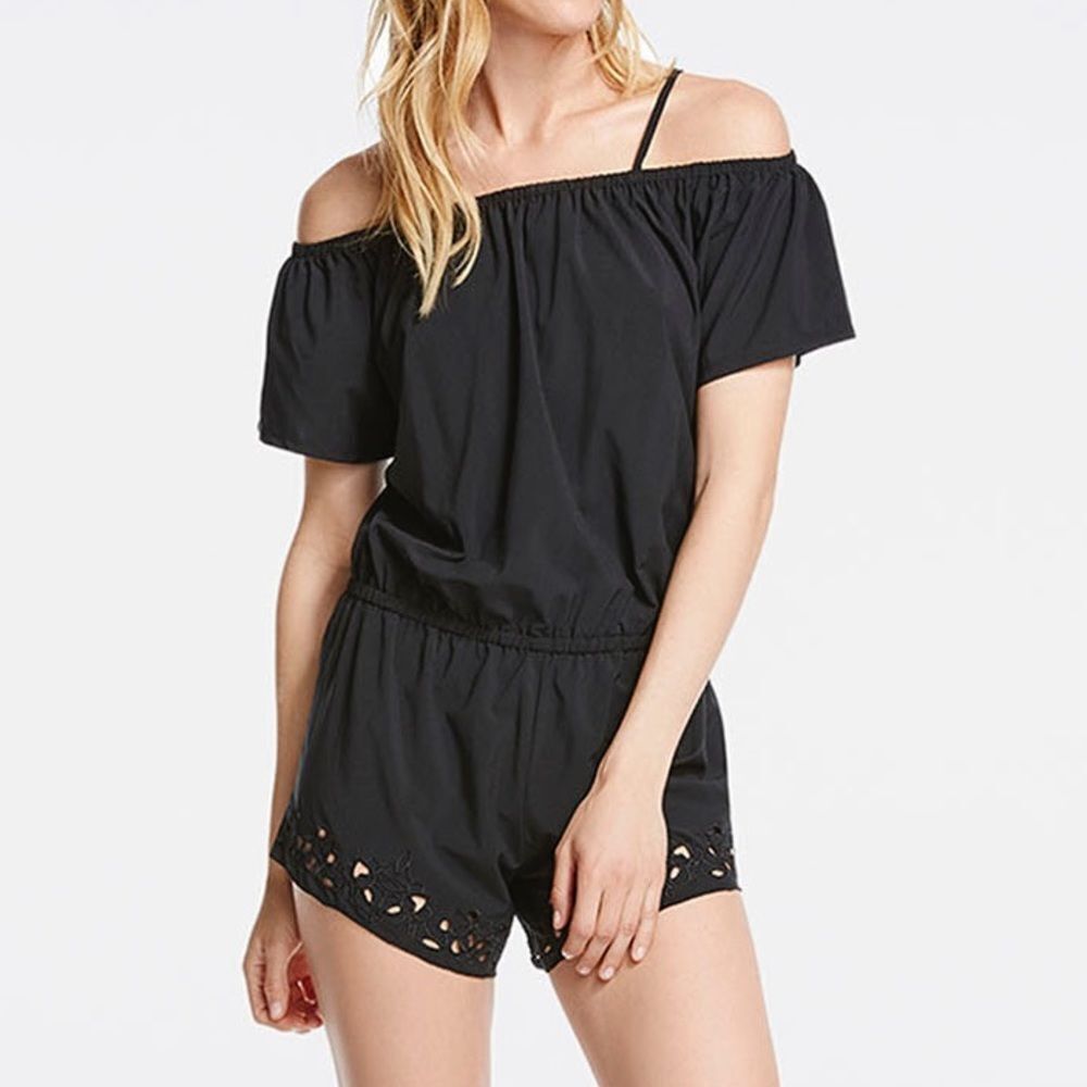 Fabletics Prue Romper Cutout Embroidered Solid Black Cold Shoulder XS 4 New NWT